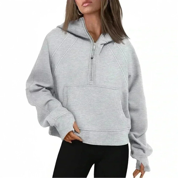 Tops - Cropped Hoodie 1/2 Zip Sweatshirt Fleece Lined Sporty Active Grey Size Small